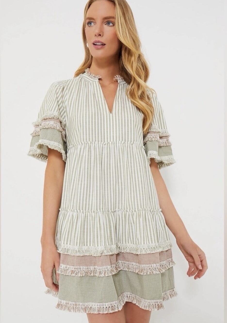 Tuckernuck Cotswold Stripe Crawford Dress Sage Green V Neck Cotton size XXS